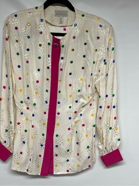 Adrianna Papell Cream Silk Blouse with Pink Polka Accent